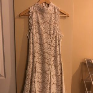 White lace/beige high neck dress
